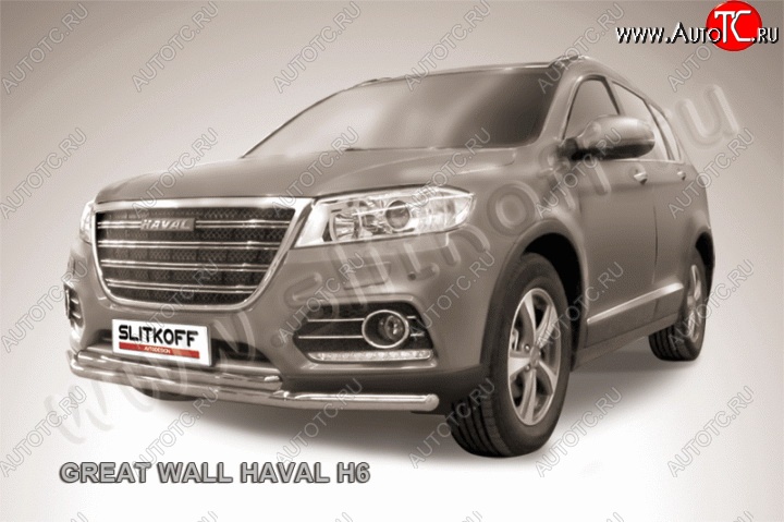 12 999 р. Двойная защита переднего бампера из труб диаметром 57 и 42 мм Slitkoff Haval H6 (2013-2020) (Нержавейка, Полированная)  с доставкой в г. Пермь