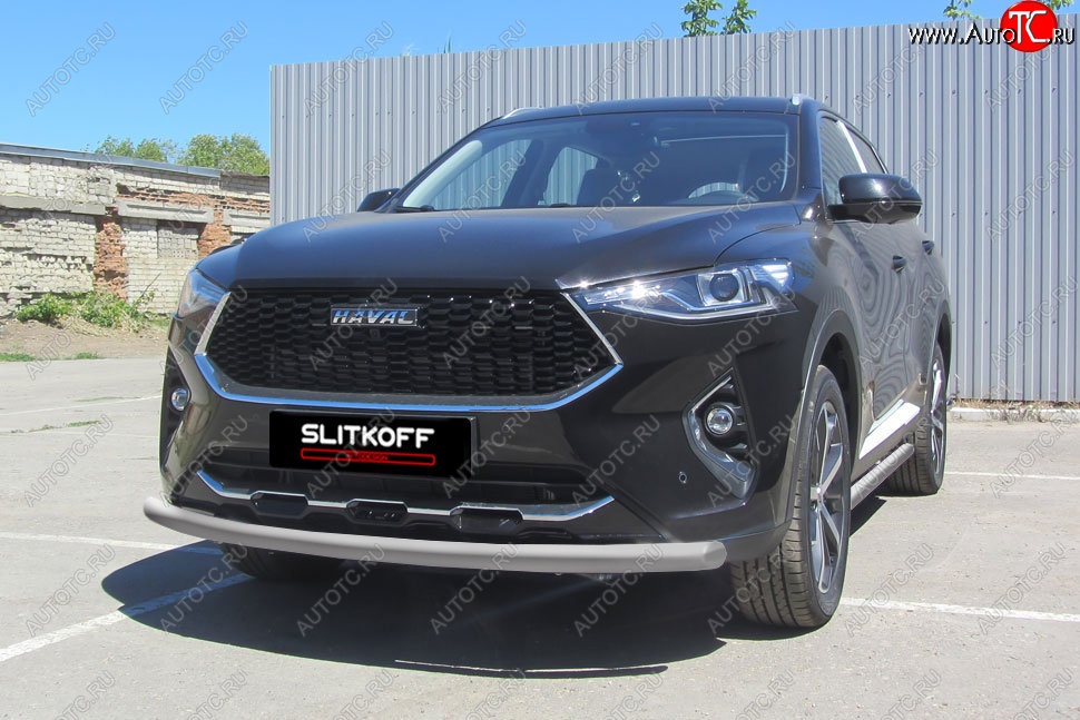 7 999 р. Защита переднего бампера (Ø57, с полимерным покрытием) Slitkoff Haval F7  дорестайлинг (2018-2022) (цвет: серебро)  с доставкой в г. Пермь