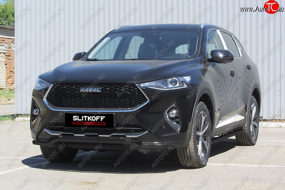 8 949 р. Защита переднего бампера (Ø42 волна, с полимерным покрытием) Slitkoff Haval F7  дорестайлинг (2018-2022) (цвет: черный)  с доставкой в г. Пермь