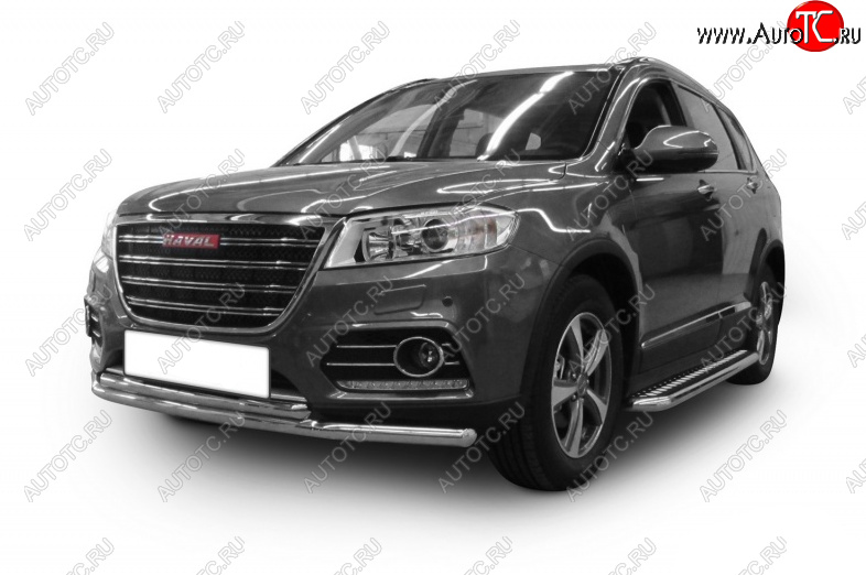 8 999 р. Защита переднего бампера Slitkoff (Ø 57+Ø 57).  Haval H2 (2014-2021) (Цвет: серебристый)  с доставкой в г. Пермь