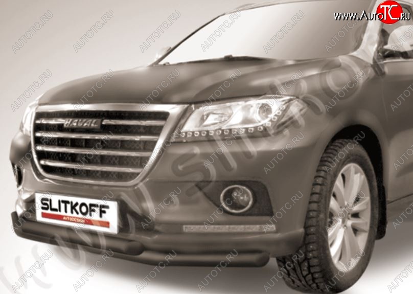 8 999 р. Защита переднего бампера Slitkoff (двойная трубы, d57/57)  Haval H2 (2014-2021) (Сталь с полимерным покрытием. Цвет: чёрный)  с доставкой в г. Пермь