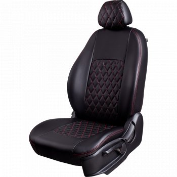 Чехлы для сидений Lord Autofashion Турин Ромб (экокожа, спинка и сиденье 60/40, 2 П- и 1 Г-образных подголовника) Honda CR-V RM1,RM3,RM4 рестайлинг (2014-2018) (Черный, вставка черная, строчка красная)