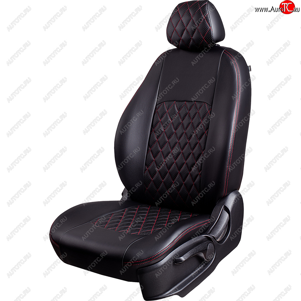 9 449 р. Чехлы для сидений Lord Autofashion Турин Ромб (экокожа, спинка и сиденье 60/40, 2 П- и 1 Г-образных подголовника) Honda CR-V RM1,RM3,RM4 рестайлинг (2014-2018) (Черный, вставка черная, строчка красная)  с доставкой в г. Пермь