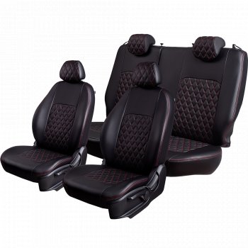 9 449 р. Чехлы для сидений Lord Autofashion Турин Ромб (экокожа, спинка и сиденье 60/40, 2 П- и 1 Г-образных подголовника) Honda CR-V RM1,RM3,RM4 рестайлинг (2014-2018) (Черный, вставка черная, строчка красная)  с доставкой в г. Пермь. Увеличить фотографию 2