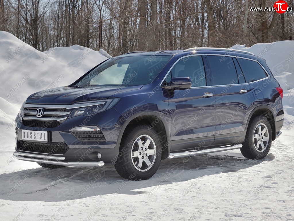 21 699 р. Защита переднего бампера (2 трубы Ø63 и 42 мм, нержавейка) SLITKOFF Honda Pilot YF6 дорестайлинг (2016-2019)  с доставкой в г. Пермь
