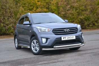 Защита переднего бампера двойная из труб d63/63 мм Petroil Tuning Hyundai Creta  GS (2015-2021) дорестайлинг, рестайлинг (Нержавеющая полированная сталь)