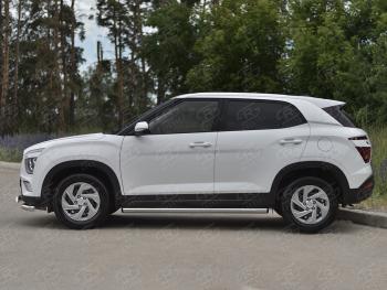 16 449 р. Защита порогов (Ø63 мм, нержавейка) SLITKOFF  Hyundai Creta  SU (2020-2022) (торцы с пластиковыми заглушками, , полированная нержавейка)  с доставкой в г. Пермь. Увеличить фотографию 2