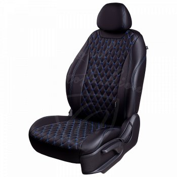 Чехлы для сидений Lord Autofashion Байрон (экокожа, раздельная спинка, с подлокотником, 2 П + 1 Г-образные подголовники) Hyundai Elantra AD дорестайлинг (2016-2019) (Черный, вставка черная, строчка синяя)