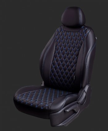 Чехлы для сидений Lord Autofashion Байрон (экокожа, спинка 40/60+подлокотник+ отдел. бок, 2П и 1 Г-образных подголовника) Hyundai Elantra MD дорестайлинг (2010-2013) (Черный, вставка черная, строчка синяя)