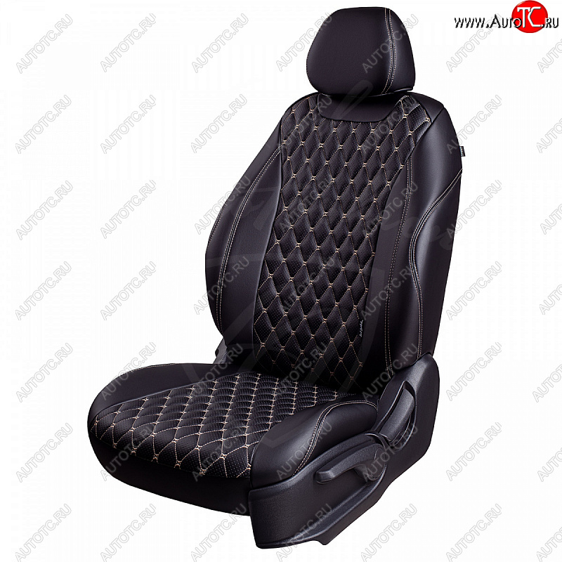 19 649 р. Чехлы для сидений Lord Autofashion Байрон (экокожа, раздельная спинка с отдельными боками, 2 Г-образных подголовника) Hyundai Elantra HD (2006-2011) (Черный, вставка черная, строчка бежевая)  с доставкой в г. Пермь