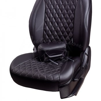 19 649 р. Чехлы для сидений Lord Autofashion Байрон (экокожа, раздельная спинка, с подлокотником, 2 П + 1 Г-образные подголовники) Hyundai Elantra MD дорестайлинг (2010-2013) (Черный, вставка черная, строчка черная)  с доставкой в г. Пермь. Увеличить фотографию 3