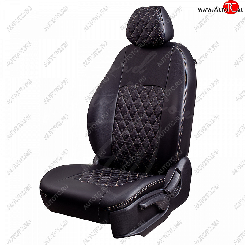 9 449 р. Чехлы для сидений Lord Autofashion Турин Ромб (экокожа) Hyundai Santa Fe DM дорестайлинг (2012-2016) (Черный, вставка черная, строчка бежевая)  с доставкой в г. Пермь
