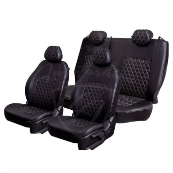 9 449 р. Чехлы для сидений Lord Autofashion Турин Ромб (экокожа) Hyundai Santa Fe DM дорестайлинг (2012-2016) (Черный, вставка черная, строчка бежевая)  с доставкой в г. Пермь. Увеличить фотографию 4