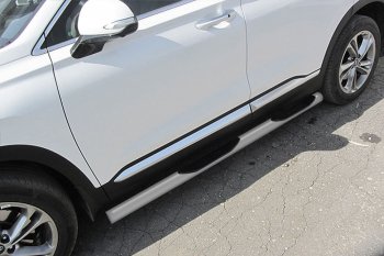 Защита порогов Slitkoff (d76 мм, с проступями) Hyundai Santa Fe  TM (2018-2022) дорестайлинг, рестайлинг (Сталь с полимерным покрытием. Цвет: серебристый)
