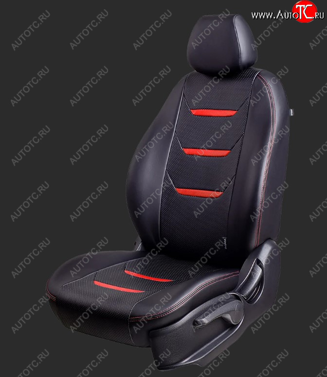 10 399 р. Чехлы для сидений Lord Autofashion Турин 2 (экокожа, спинка 60/40, 2 Г-образных подголовника)  Hyundai Solaris  RBr (2010-2017) хэтчбэк дорестайлинг, хэтчбэк рестайлинг (Черный, вставка черная и красная, строчка красная)  с доставкой в г. Пермь