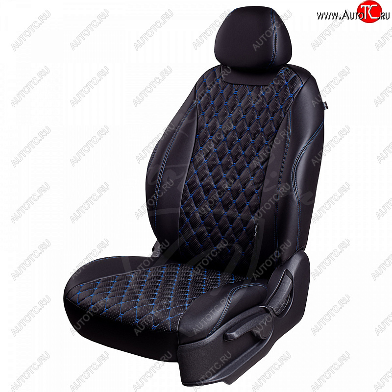 19 649 р. Чехлы для сидений Lord Autofashion Байрон (экокожа, раздельная спинка, 2 Г-образных подголовника) Hyundai Solaris RBr хэтчбэк дорестайлинг (2010-2014) (Черный, вставка черная, строчка синяя)  с доставкой в г. Пермь
