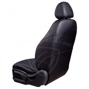 19 649 р. Чехлы для сидений Lord Autofashion Байрон (экокожа, раздельная спинка, 2 Г-образных подголовника) Hyundai Solaris RBr хэтчбэк дорестайлинг (2010-2014) (Черный, вставка черная, строчка синяя)  с доставкой в г. Пермь. Увеличить фотографию 4