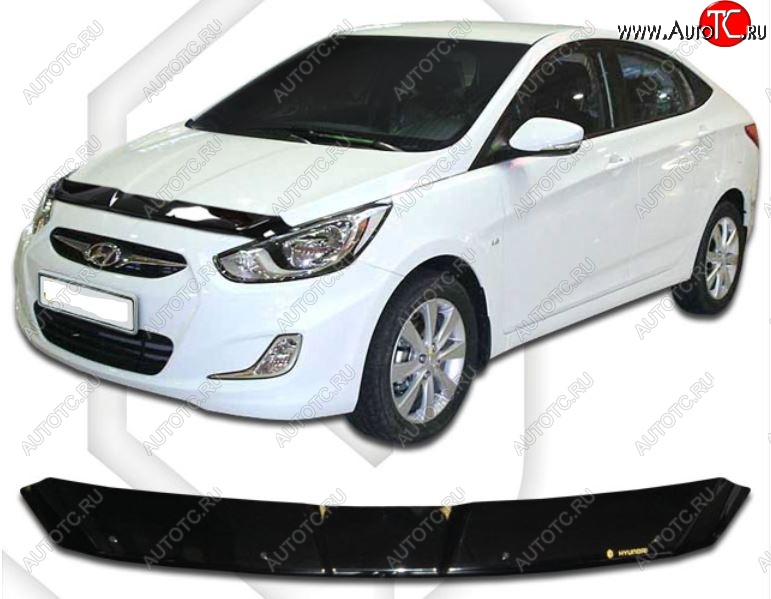 1 899 р. Дефлектор капота CA-Plastiс  Hyundai Solaris  RBr (2010-2014) седан дорестайлинг (Classic черный, Без надписи)  с доставкой в г. Пермь