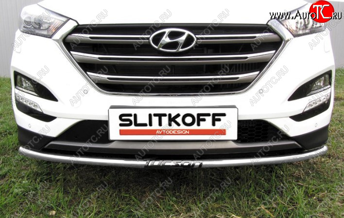 7 549 р. Защита переднего бампера Slitkoff (Ø 42 мм, с надписью).  Hyundai Tucson  TL (2015-2018) дорестайлинг (Сталь с полимерным покрытием. Цвет: серебристый)  с доставкой в г. Пермь
