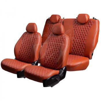 10 399 р. Чехлы для сидений Lord Autofashion Байрон (экокожа, раздельная спинка, 2 П+ 1 Г-образных подголовника) Hyundai Tucson TL дорестайлинг (2015-2018) (Коричневый, вставка коричневая, строчка бежевая)  с доставкой в г. Пермь. Увеличить фотографию 2