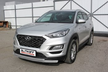 Защита переднего бампера Slitkoff (Ø 57+Ø 42, двойная). Hyundai Tucson  TL (2018-2021) рестайлинг (Сталь с полимерным покрытием. Цвет: серебристый)