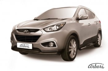 Защита переднего бампера Arbori (радиусная, черная, 2 трубы d57 и 42 mm) Hyundai IX35  LM (2009-2018) дорестайлинг, рестайлинг