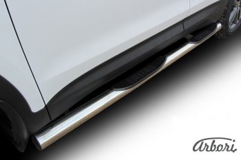 Защита штатных порогов Arbori (с проступью, нержавейка, d76 mm). Hyundai Santa Fe  DM (2012-2016) дорестайлинг
