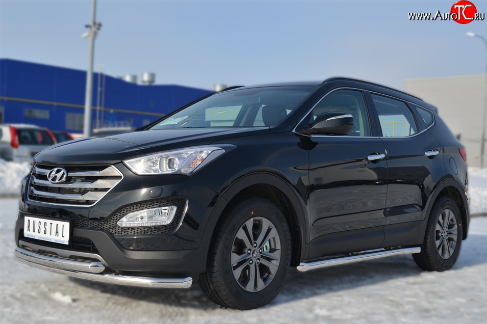70 999 р. Защита порогов из круглой трубы диаметром 63 мм Russtal Hyundai Santa Fe DM дорестайлинг (2012-2016) (Защита порогов с со скосами на торцах (вариант 1))  с доставкой в г. Пермь