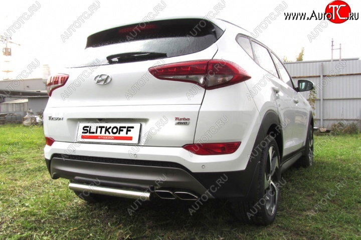 7 999 р. Защита заднего бампера из короткой трубы диаметром 57 мм Slitkoff  Hyundai Tucson  TL (2015-2018) дорестайлинг (Нержавейка, Полированная)  с доставкой в г. Пермь