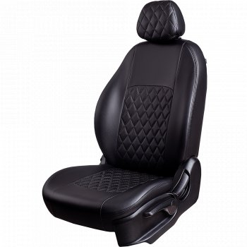 Чехлы для сидений Lord Autofashion Турин Ромб (экокожа, спинка 60/40, 3 Г-образных подголовника) KIA Seltos (2019-2025) (Черный, вставка черная, строчка черная)