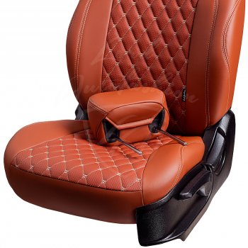 10 899 р. Чехлы для сидений Lord Autofashion Байрон (экокожа, раздельная спинка, 3 П-образных подголовника) KIA Cerato 4 BD дорестайлинг, хэтчбэк (2018-2021) (Коричневый, вставка коричневая, строчка бежевая)  с доставкой в г. Пермь. Увеличить фотографию 5