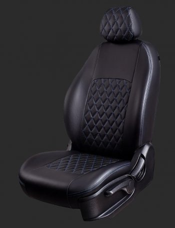 Чехлы для сидений Lord Autofashion Турин Ромб (экокожа, спинка 60/40, 2 Г-образных подголовника) KIA Rio 3 QB дорестайлингхэтчбек5дв. (2011-2015) (Черный, вставка черная, строчка синяя)