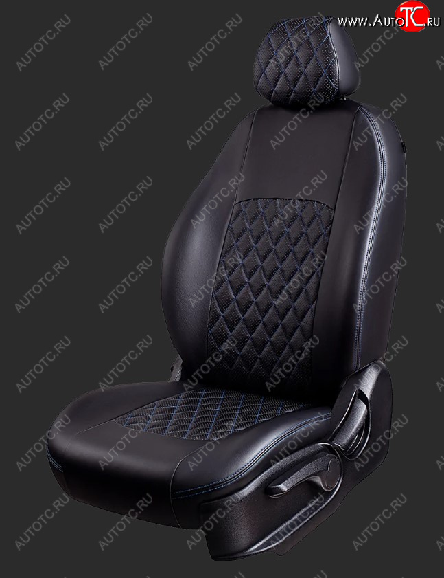 9 449 р. Чехлы для сидений Lord Autofashion Турин Ромб (экокожа, спинка 60/40, 2 Г-образных подголовника) KIA Rio 3 QB дорестайлингхэтчбек5дв. (2011-2015) (Черный, вставка черная, строчка синяя)  с доставкой в г. Пермь