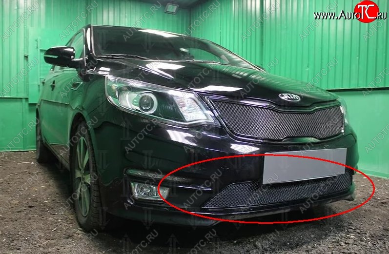 1 469 р. Нижняя защитная сетка на бампер Russtal (черная) KIA Rio 3 QB рестайлинг седан (2015-2017)  с доставкой в г. Пермь