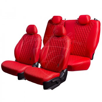 17 449 р. Чехлы для сидений Lord Autofashion Байрон (экокожа, раздельная задняя спинка, 3 Г-образных подголовника)  KIA Rio ( X-line,  X) (2017-2025) рестайлинг (Красный, вставка красная, строчка красная)  с доставкой в г. Пермь. Увеличить фотографию 2
