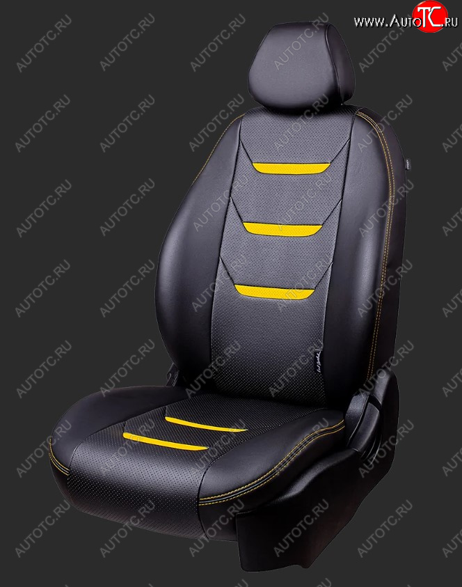 28 699 р. Чехлы для сидений Lord Autofashion Турин 2 (экокожа, спинка 60/40, 3 Г-образных подголовника)  KIA Rio ( 4 FB,  X-line,  4 YB,  X) (2016-2025) дорестайлинг седан, дорестайлинг, хэтчбэк, рестайлинг, рестайлинг седан, рестайлинг, хэтчбэк (Черный, вставка черная/желтая, строчка желтая)  с доставкой в г. Пермь
