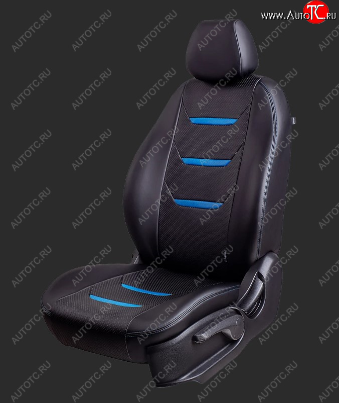 10 299 р. Чехлы для сидений Lord Autofashion Турин 2 (экокожа, спинка 60/40, 3 Г-образных подголовника)  KIA Rio ( 4 FB,  X-line,  4 YB,  X) (2016-2025) дорестайлинг седан, дорестайлинг, хэтчбэк, рестайлинг, рестайлинг седан, рестайлинг, хэтчбэк (Черный, вставка черная/синяя, строчка синяя)  с доставкой в г. Пермь