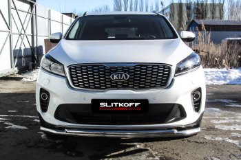 13 749 р. Защита переднего бампера Slitkoff (двойная, d57/42)  KIA Sorento  UM/Prime (2018-2020) рестайлинг (Нержавейка, Полированная)  с доставкой в г. Пермь. Увеличить фотографию 2