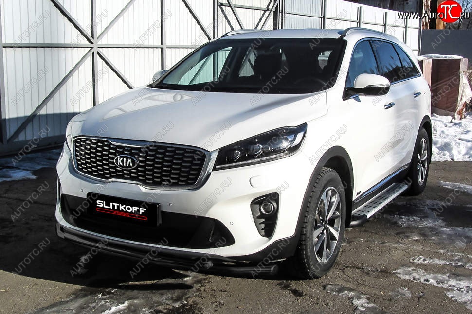 9 649 р. Защита переднего бампера Slitkoff (двойная, d57/42) KIA Sorento UM/Prime рестайлинг (2018-2020) (Сталь с полимерным покрытием. Цвет: чёрный)  с доставкой в г. Пермь