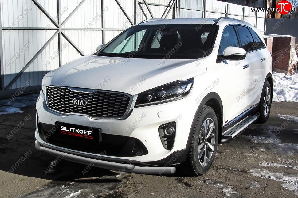 9 649 р. Защита переднего бампера Slitkoff (двойная, d57/42)  KIA Sorento  UM/Prime (2018-2020) рестайлинг (Сталь с полимерным покрытием. Цвет: серебристый)  с доставкой в г. Пермь