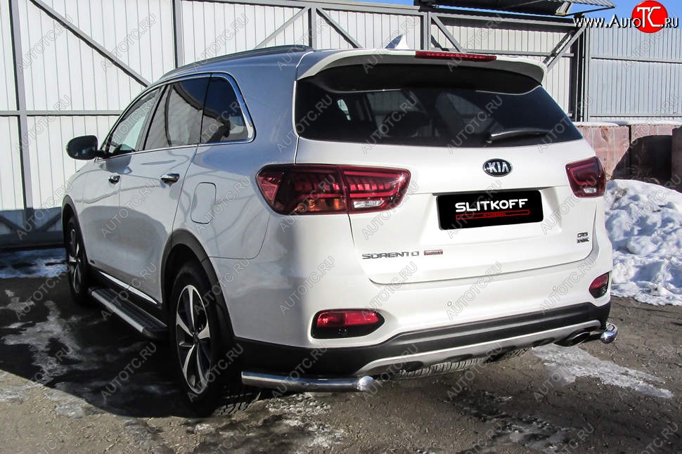 7 349 р. Защита заднего бампера Slitkoff (уголки, d57)  KIA Sorento  UM/Prime (2018-2020) рестайлинг (Нержавейка, Полированная)  с доставкой в г. Пермь