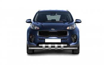 Защита переднего бампера двойная с пластинами из труб d63/63 мм Petroil Tuning KIA Sportage  4 QL (2016-2022) дорестайлинг, рестайлинг (Нержавеющая полированная сталь)
