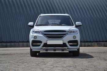 Защита переднего бампера двойная с пластинами из труб d63/63 мм Petroil Tuning Lifan X60 (2016-2025) 2-ой рестайлинг (Нержавеющая полированная сталь)
