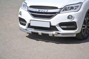 Защита переднего бампера двойная с зубьями из труб d63/63 мм Petroil Tuning Lifan X60 (2016-2025) 2-ой рестайлинг (Нержавеющая полированная сталь)