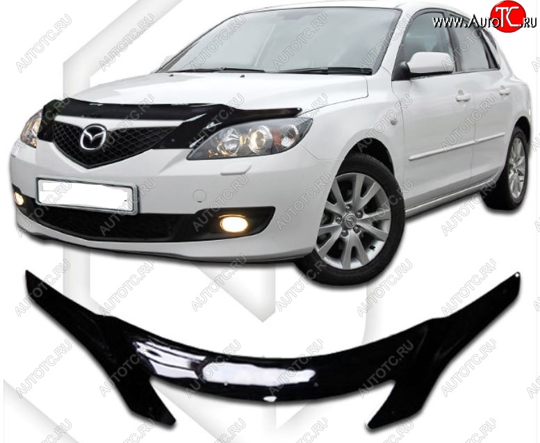2 599 р. Дефлектор капота CA-Plastiс  Mazda 3/Axela  BK (2003-2009) дорестайлинг, хэтчбэк, рестайлинг, хэтчбэк (Classic черный, Без надписи)  с доставкой в г. Пермь