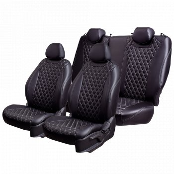 19 649 р. Чехлы для сидений Lord Autofashion Байрон (экокожа, 60/40, подлокотник, отдельные бока, 3 Г-образных подголовника) Mazda 6 GH дорестайлинг седан (2007-2010) (Черный, вставка черная, строчка серая)  с доставкой в г. Пермь. Увеличить фотографию 2