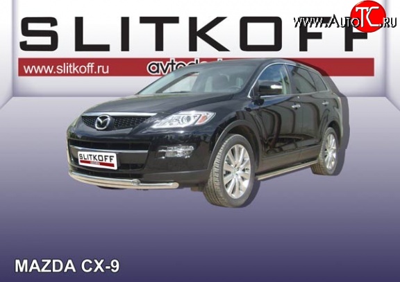 14 749 р. Двойная защита переднего бампера из труб диаметрами по 57 мм Slitkoff Mazda CX-9 TB дорестайлинг (2007-2009) (Нержавейка, Полированная)  с доставкой в г. Пермь