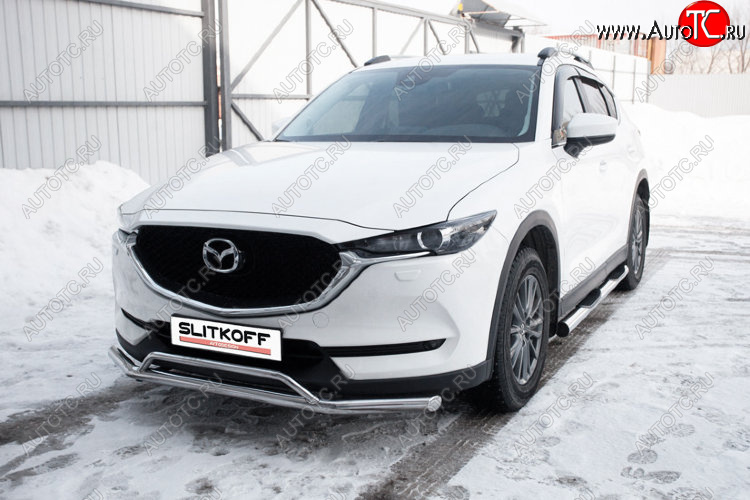 14 999 р. Защита переднего бампера Slitkoff (Ø 57+Ø 32, двойная).  Mazda CX-5  KF (2016-2025) (Нержавеющая сталь)  с доставкой в г. Пермь