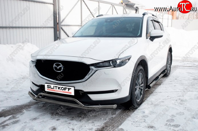 10 599 р. Защита переднего бампера Slitkoff (Ø 57+Ø 32, двойная). Mazda CX-5 KF (2016-2025) (Сталь с полимерным покрытием. Цвет: серебристый)  с доставкой в г. Пермь