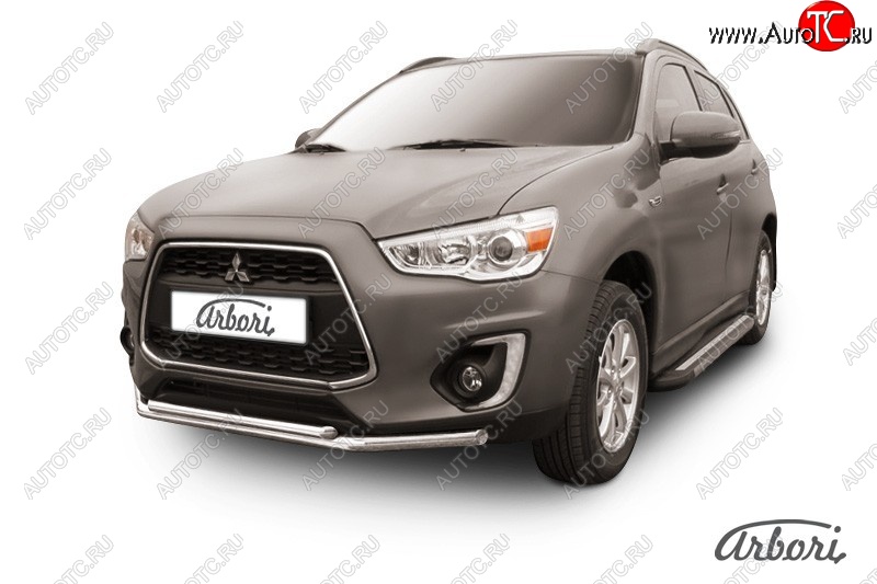 16 559 р. Защита переднего бампера Arbori (нержавейка, 2 трубы d57 и 42 mm)  Mitsubishi ASX (2013-2016) 1-ый рестайлинг  с доставкой в г. Пермь